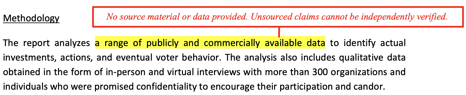 Methodology: The report analyzes a range of publicly and commercially available data to identify actual investments, actions, and eventual voter behavior. The analysis also includes qualitative data obtained in the form of in-person and virtual interviews with more than 300 organizations and individuals who were promised confidentiality to encourage their participation and candor. Comment: No source material or data provided. Unsourced claims cannot be independently verified.